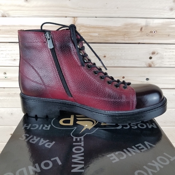 Men's Boots 10M 100% Genuine Leather Burgundy Biker Paul Branco Side Zip Lace-up - Picture 7 of 10